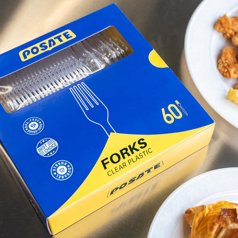 POSATE Heavy Duty Clear Plastic Forks, Disposable Pack of 60