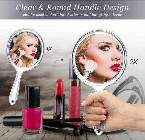 Jetec Double-Sided Hand Mirror - Handheld 1X/2X Magnifying Mirror with Handle, Rounded Shape Makeup Mirror (Clear)