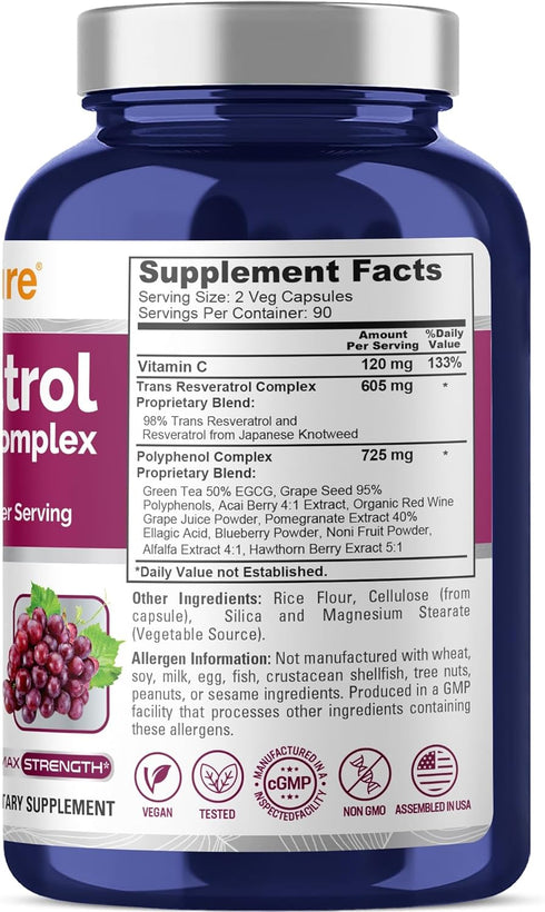 NusaPure Resveratrol & Polyphenol Complex 1450mg 180 Vegetarian Caps (Non-GMO, Vegan) Vitamin C