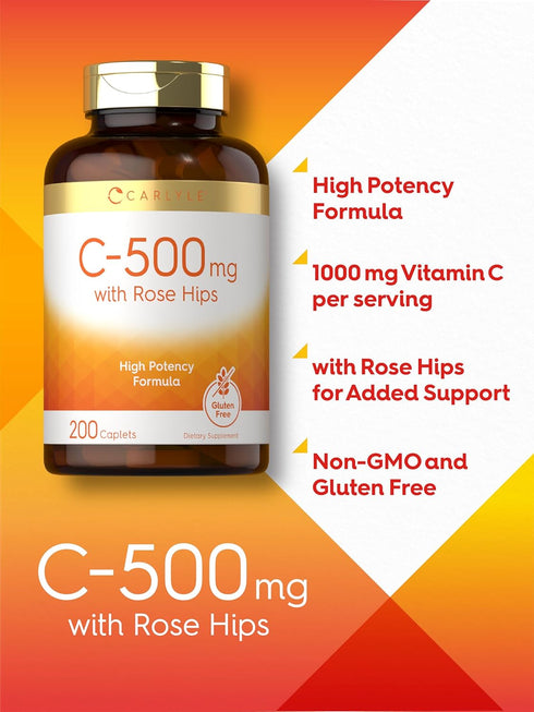 Carlyle Vitamin C with Rose Hips 500mg - 200 Caplets, High Potency, Vegetarian & Gluten Free.