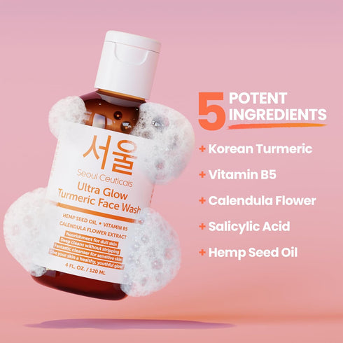 SeoulCeuticals Korean Turmeric Face Wash Cleanser – Vegan Facial Cleanser for Dry Sensitive Skin, 4oz