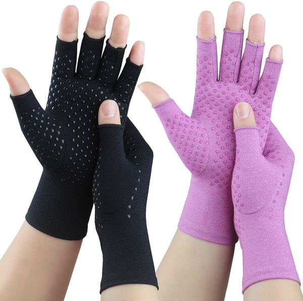 2 Pairs of Compression Gloves for Men Women, Arthritis Relief, Anti-Slip Fingerless Gloves for Hand Support (Pure