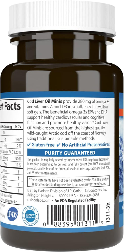 Carlson Cod Liver Oil Minis, 100 Mini Softgels - 280 mg Omega-3s + Vitamins A & D3 for Heart & Vision Health
