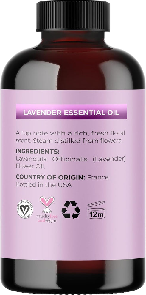 Pure Lavender Essential Oil - Lavender Oil for Hair, Skin, Nails, Aromatherapy Diffusers, Premium Grade Non-GMO (4 Fl