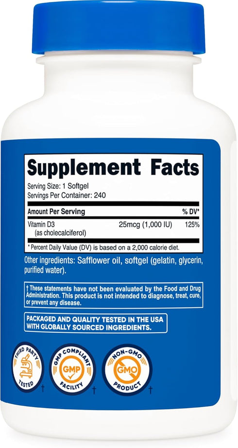 Nutricost Vitamin D3 1000 iu Softgels, 240 Softgels, Non-GMO, Gluten Free