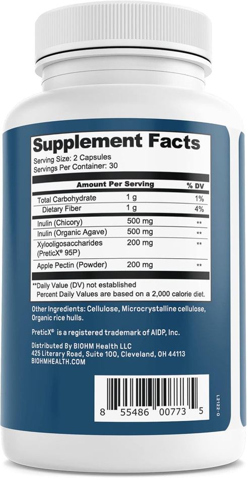 BIOHM Prebiotic Fiber Supplement - 4 Dietary Prebiotic Fiber for Gut Health & Immune System, 60 Capsules