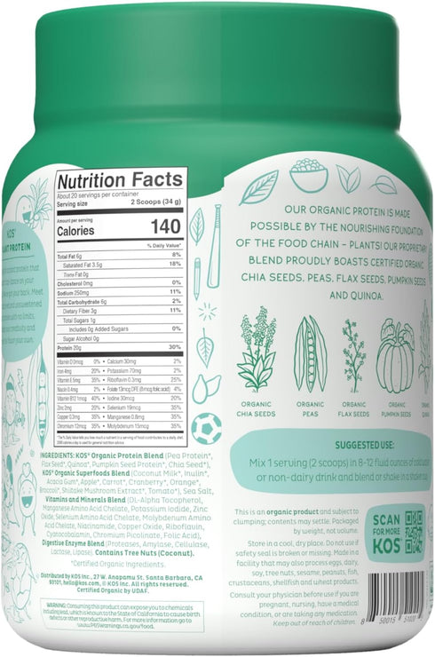 KOS Vegan Protein Powder, Unflavored & Unsweetened, Low Carb Pea Protein Blend, Organic Superfood, Meal Replacement for