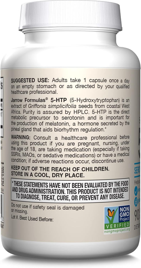 Jarrow Formulas 5-HTP, 90 Veggie Caps, Supports Melatonin Production & Serotonin Synthesis, Mental Health & Sleep