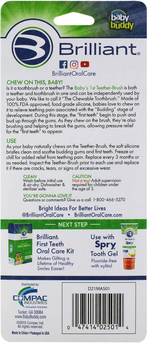 Brilliant Oral Care Baby’s First Toothbrush, Smooth Silicone Bristles for Ages 4+ Months, Green + Clear, 2 Pack
