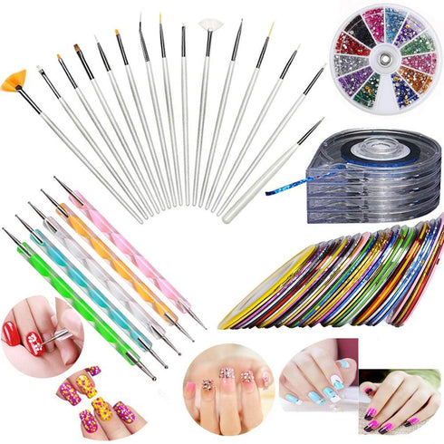 Nail Art Kit with 30 Striping Tape, 4 Striping Roller Box, 12 Colors Rhinestones, 5 Dotting Pens & 15 Brush Set