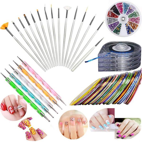 Nail Art Kit with 30 Striping Tape, 4 Striping Roller Box, 12 Colors Rhinestones, 5 Dotting Pens & 15 Brush Set