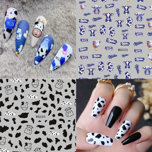 Cute Cow Nail Art Stickers, 3D Self-Adhesive Cartoon Cow Nail Decals for Women Girls Manicure Tips DIY Animal Art