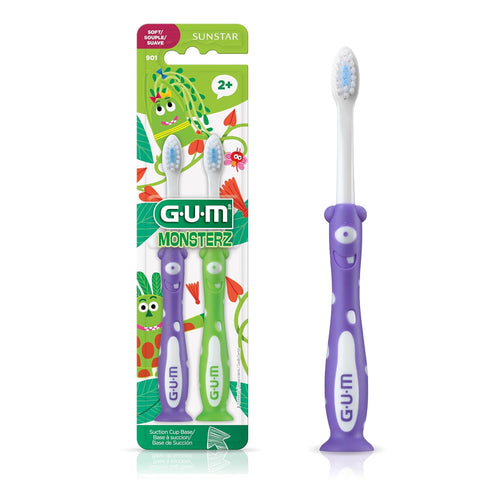 GUM Sunstar Monsterz Kids’ Toothbrush, Ages 2+, Assorted Colors, 1 Dozen