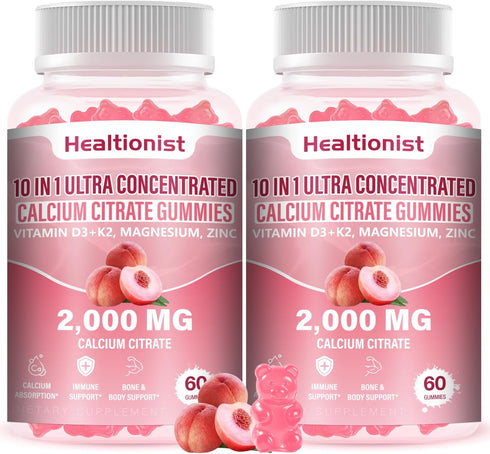 Healtionist 2 Packs 2000mg Calcium Citrate with Vitamin D3 K2 Supplements Gummies for