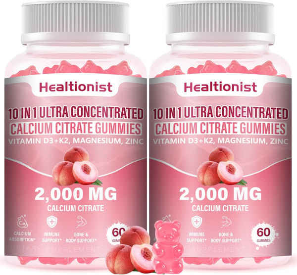 Healtionist 2 Packs 2000mg Calcium Citrate with Vitamin D3 K2 Supplements Gummies for