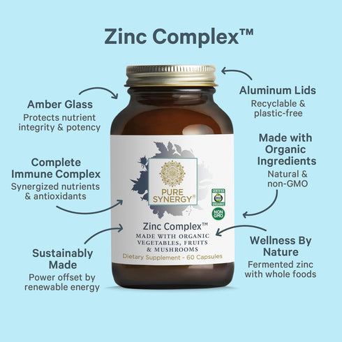 PURE SYNERGY Zinc Complex, Immune Support Supplement, Natural Vegan Zinc with Vitamin C and Organic Whole Foods