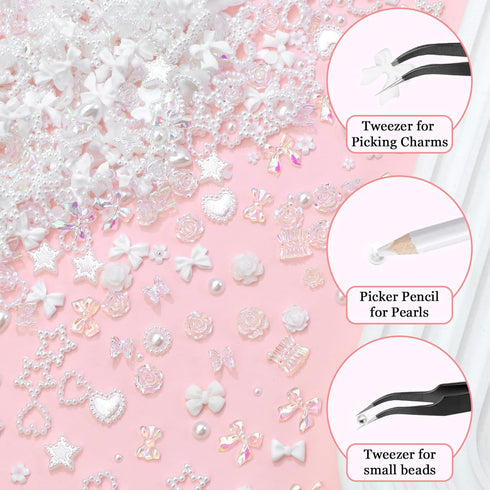 RODAKY 1000PCS White Nail Charms, 3D Bows Heart Butterfly Charms for Nail Art Decoration, DIY Accessories