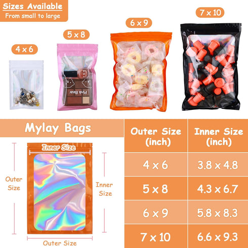 150-pack 6 x 9 in Holographic Mylar Bags with Clear Window, Resealable Foil Pouches for Food Storage, Smell Proof