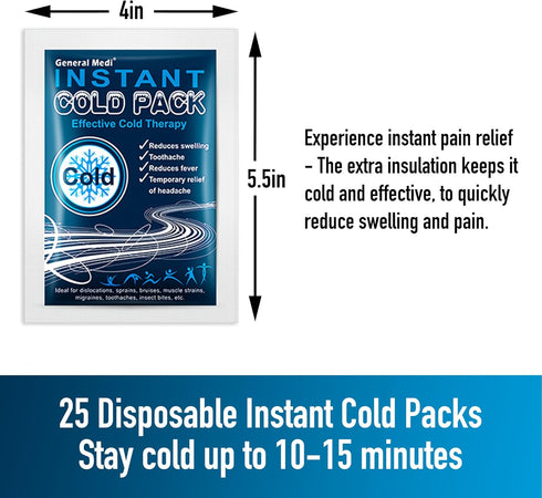 General Medi Instant Ice Cold Pack, 25 Packs Disposable Cold Therapy Ice Packs for Pain Relief, Swelling, Inflammation