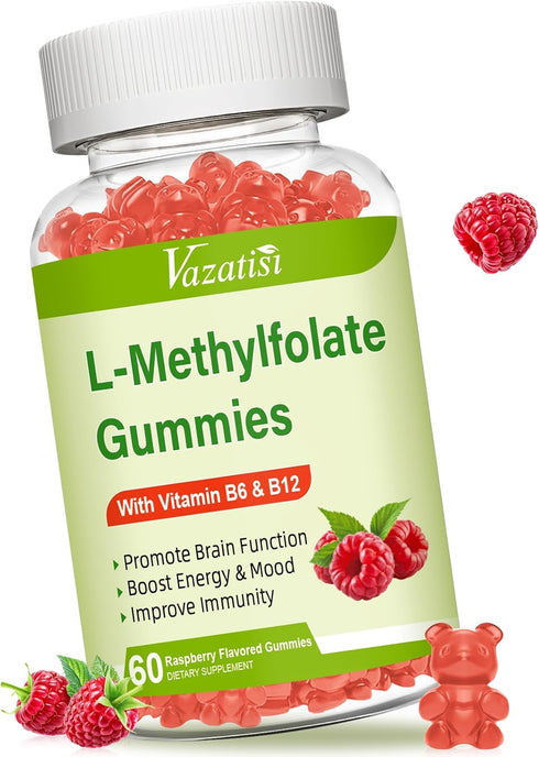 Sugar Free L-Methylfolate 15mg Gummies with Methyl B12 - 60 Count Folate Supplement for Mood, Brain Health, Immune