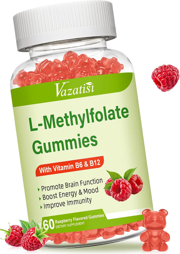 Sugar Free L-Methylfolate 15mg Gummies with Methyl B12 - 60 Count Folate Supplement for Mood, Brain Health, Immune