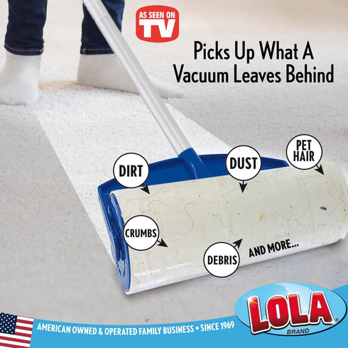 Lola Rola Giant Floor Lint Roller, 9" W x 3.5" Dia., Best Pet Hair Remover with 30 Large Adhesive Sheets