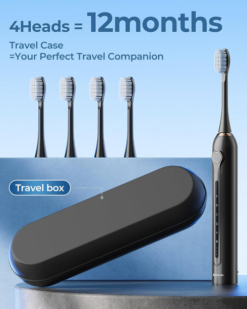 Tgbhcom 4 1 180-Day 6 IPX7 2-Minute Black Electric Toothbrushes, with Brush Heads, Travel Toothbrush Case, for Adults