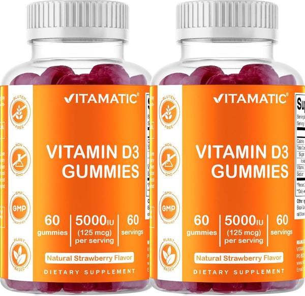 Vitamatic 2 Pack Vitamin D3 Gummies - 5000 IU Per Gummy, 120 Count for Healthy Bones, Teeth, Mood