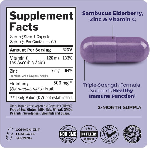 Immune Immune 60 Count Elderberry Capsules with Zinc and Vitamin C for Adults - Support Vitamins for Women and Men