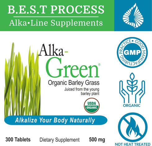 Alka•Green Tablets Best Process Alkaline Organic Barley Grass Supplement, Natural Source of Enzymes & Amino Acids