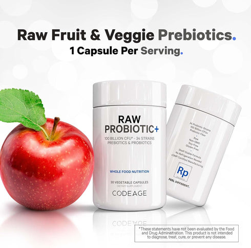 Codeage Raw Probiotic+ Supplement - 100 Billion CFU - 30 Capsules - 34 Strains with Digestive Enzymes & Raw Prebiotics