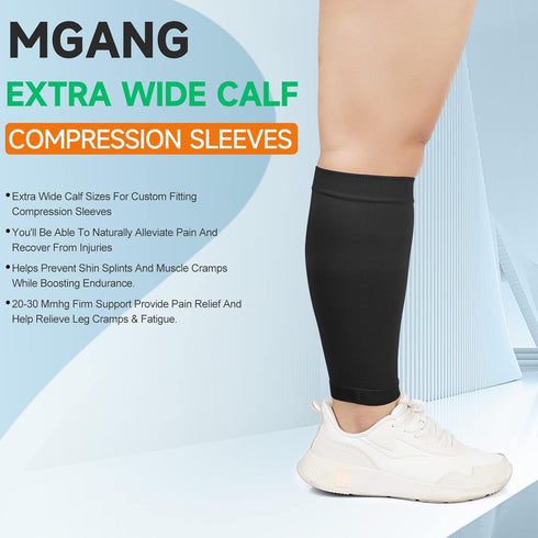 MGANG Plus Size 4XL Calf Compression Sleeve, 2 Pairs 20-30mmHg Leg Compression Socks for Pain Relief, Black+Beige