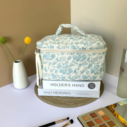 Large Travel Makeup Bag, Quilted Floral Cotton Cosmetic Organizer for Women and Girls