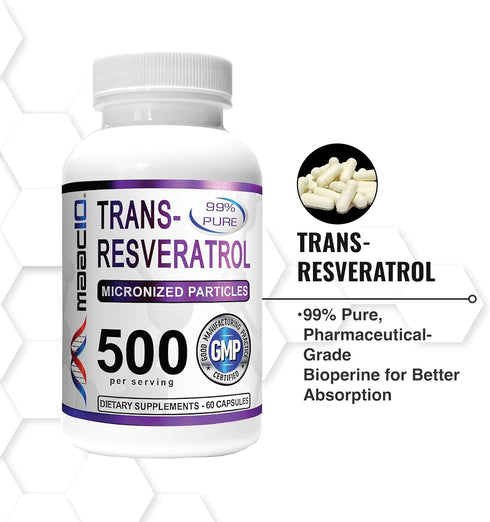 MAAC10 Trans Resveratrol 500mg Supplement, 60ct, Micronized Pharmaceutical Grade with BioPerine for Absorption