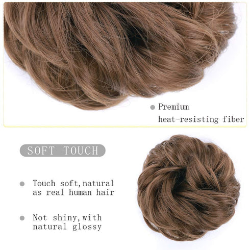 MORICA 2PCS Messy Bun Hair Piece, Fake Curly Wavy Synthetic Chignon Ponytail for Women, Light Golden Brown
