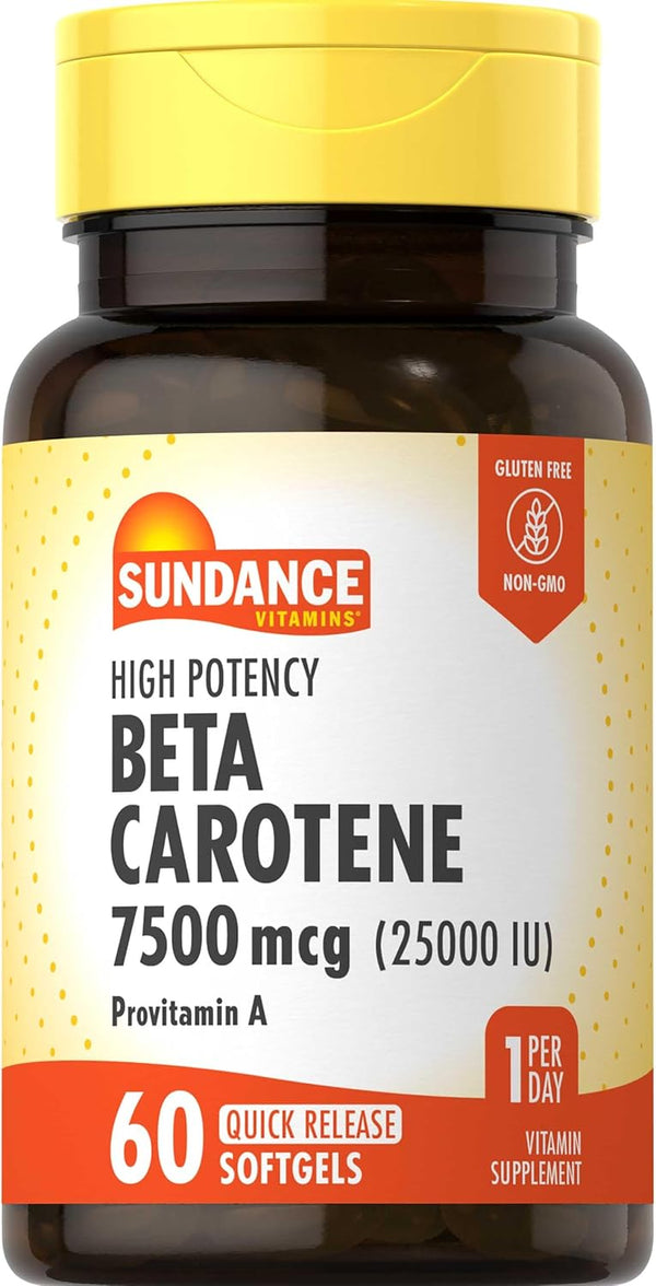 Sundance Beta Carotene 7500mcg, 60 Softgels, High Potency Non-GMO & Gluten Free Provitamin A Supplement