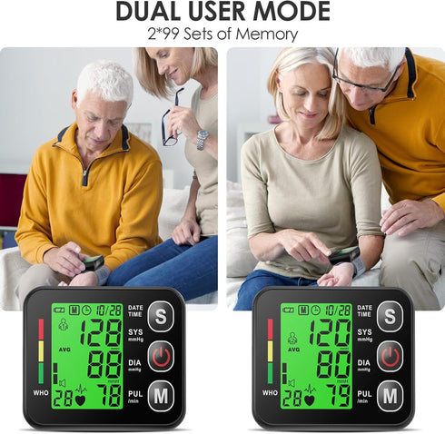 Wrist Blood Pressure Monitor - Automatic Cuff 13.5-19.5 cm, High Accuracy, Backlit LCD Screen, 2 * 99 Memory Sets