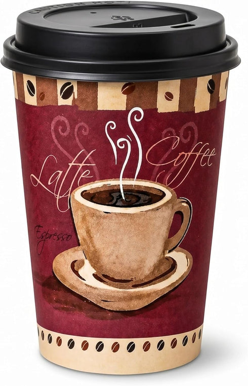 VeZee 16 oz Disposable White Poly Paper Cups with Black Hinged Tab Lids