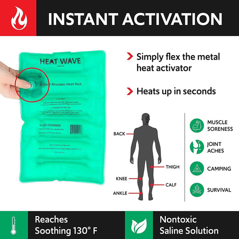 HEAT WAVE Instant Reusable Heat Pack - Medical Grade Large (8x12) for Stiff & Sore Muscles, Hot Pain Relief, Made in USA