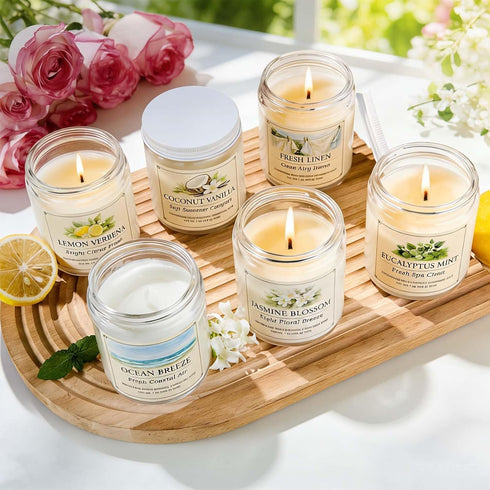 Set, 6 Pack 7oz Scented Candle Gift Natural Soy Wax Aromatherapy Candles, Coconut Vanilla Lemon Verbena Fresh Linen