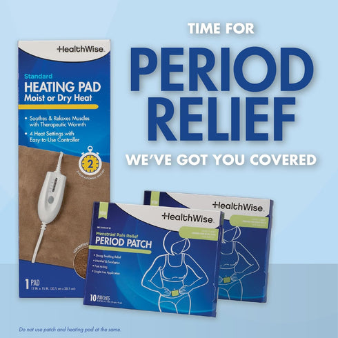 HealthWise Menstrual Pain Relief Bundle, 20Ct Menthol + Eucalyptus Period Patches, Heating Pad for Therapeutic Care
