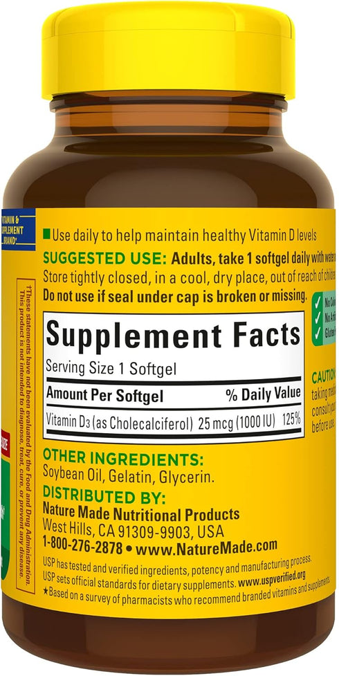 Nature Made Vitamin D3 1000 IU (25 mcg) | 180 Softgels | Dietary Supplement for Bone, Teeth, Muscle and Immune Health