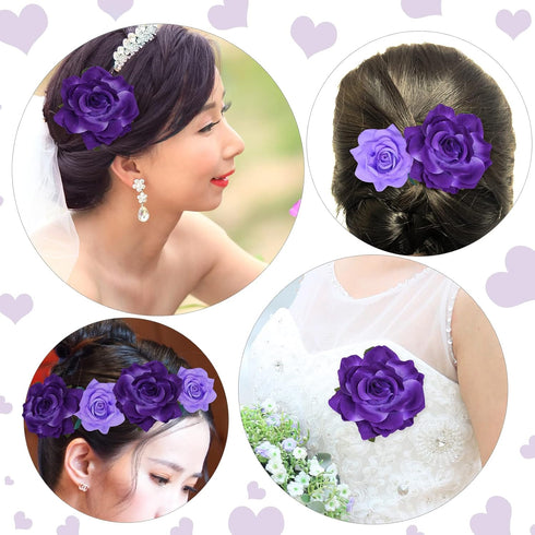 Rose Hair Clip - 4 Pcs Fabric Flower Hairpins, Mexican Hair Flowers for Women Girls Wedding Party (Purple)