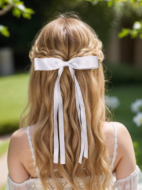 LFOUVRE 8pcs Long Tail Bow Hair Clips for Women - Ribbon Bowknot Barrettes with Tassel Claw for Hair Accessories