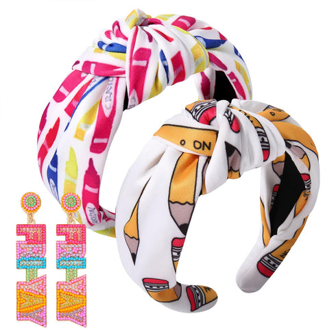 Teacher Headbands for Women, Wide Knotted Pencil Printed Hair Accessory Gifts, Back To School (Pattern A)