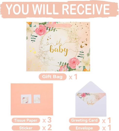 13" Large Light Orange Gift Bag Set with Greeting Card & Tissue Paper (Gold Foil ‘Oh Baby’) for Baby Shower, 1 Pcs