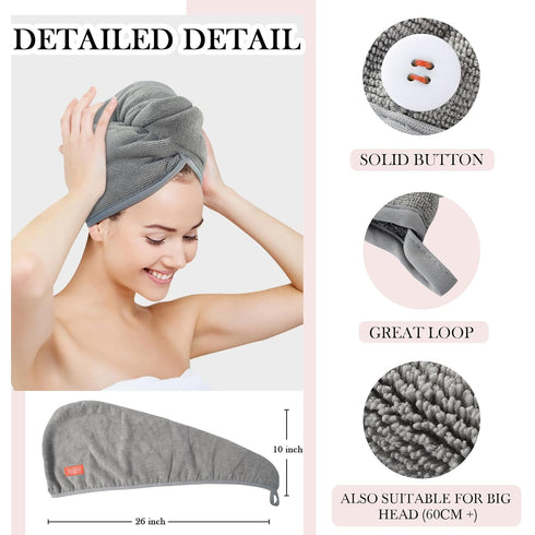 YoulerTex Microfiber Hair Towel Wrap: 2 Pack 10X26, Absorbent Turban Twist Drying Shower Cap for Curly Hair