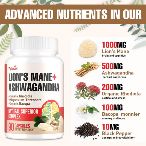 Zylvrax Immune 90 Ashwagandha & Lions Mane Supplements Capsules, Brain Supplements for Memory and Focus, Ashwagandha