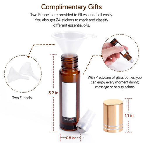 PrettyCare Essential Oil Roller Bottles 10ml Amber Glass 12 Pack with 2 Extra Roller Balls, Labels, Opener, Funnels