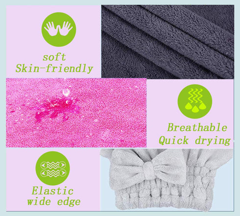 Microfiber Hair Drying Towels with Bow-Knot Shower Cap - Hair Turban for Curly Long Hair, 2 Pack